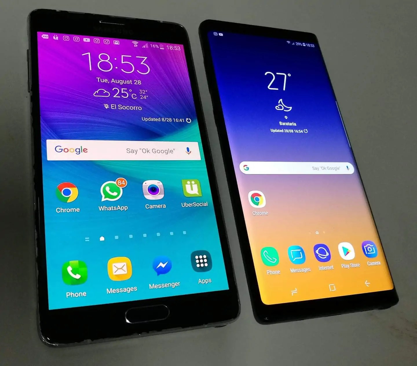 Samsung Note 4, left, next to the 2018 Samsung Note 9